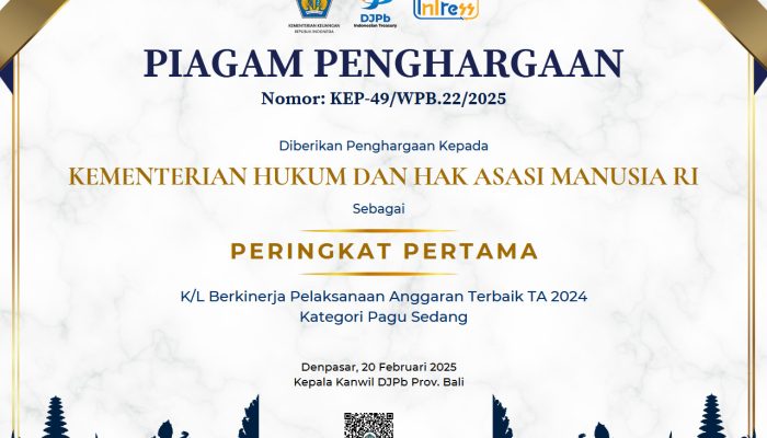 Kanwil Kemenkumham Bali Raih Peringkat Pertama Kinerja Pelaksanaan Anggaran Terbaik Tahun Anggaran 2024